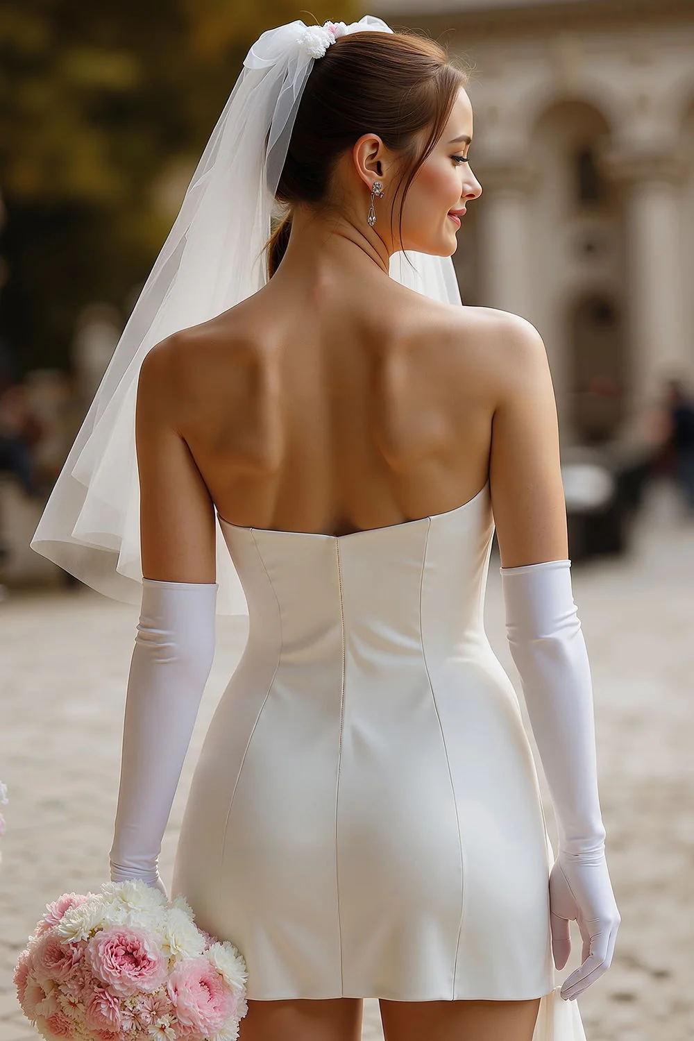 Biała Sweetheart Bodycon Satynowa Krótka Suknia Ślubna z kokardą (bez rękawiczek) - Image 2