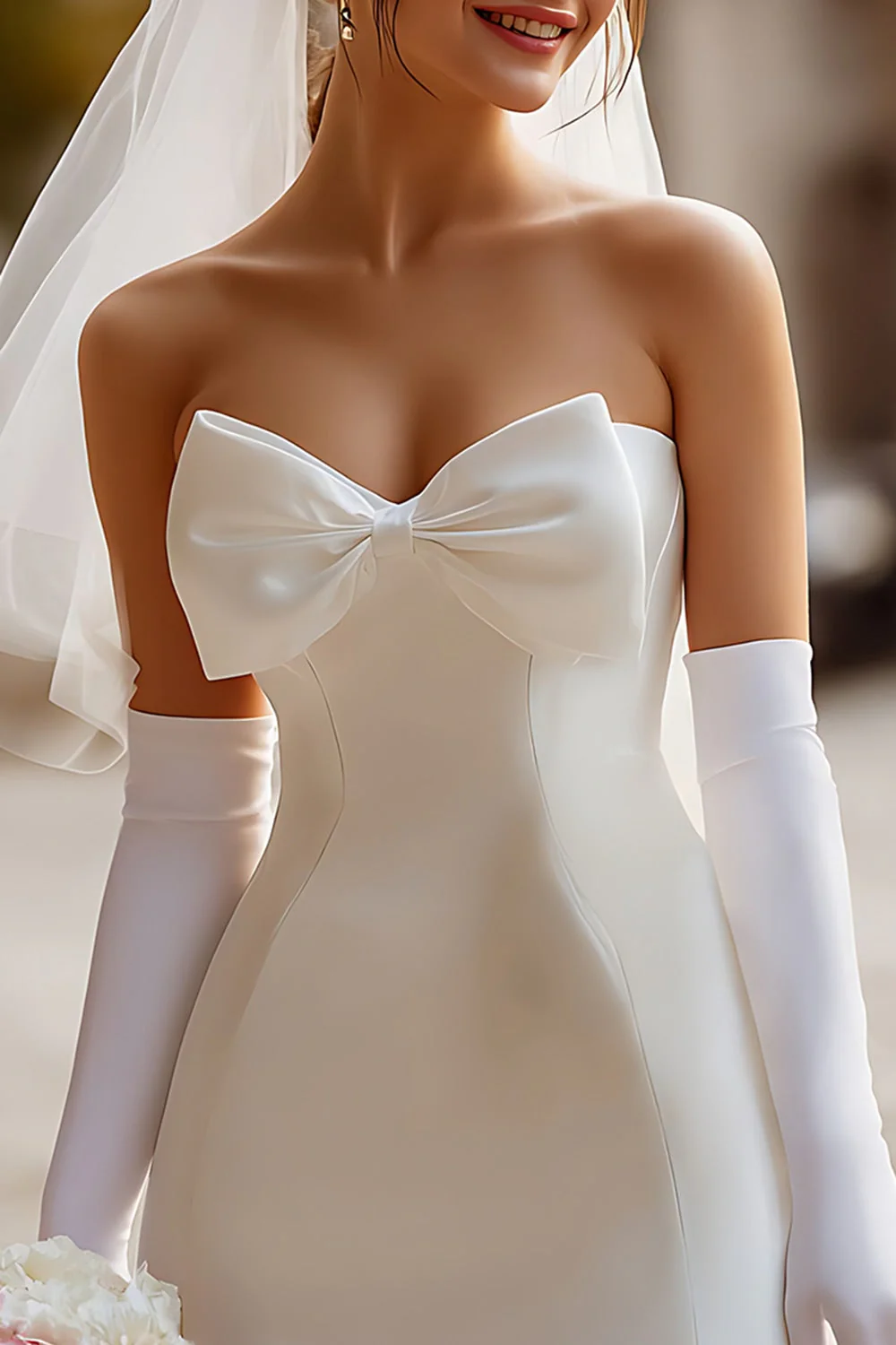 Biała Sweetheart Bodycon Satynowa Krótka Suknia Ślubna z kokardą (bez rękawiczek) - Image 3