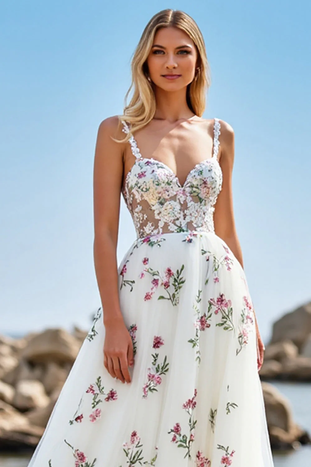 Biała Tiulowe Gorset Boho Suknie Ślubne Księżniczka W Róże - Image 3