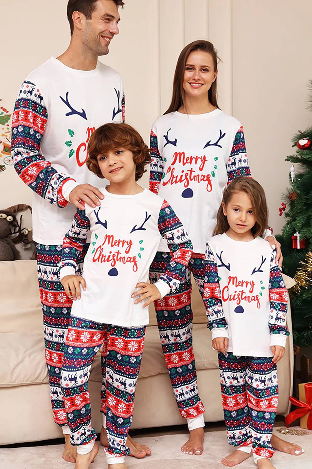 Biało-niebieski jeleń Snowflake Pattern Świąteczny rodzinny zestaw piżam - Image 2