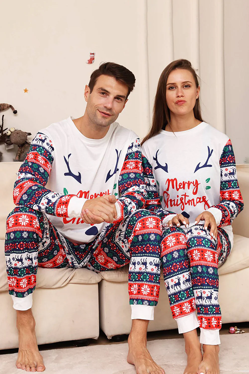 Biało-niebieski jeleń Snowflake Pattern Świąteczny rodzinny zestaw piżam - Image 3