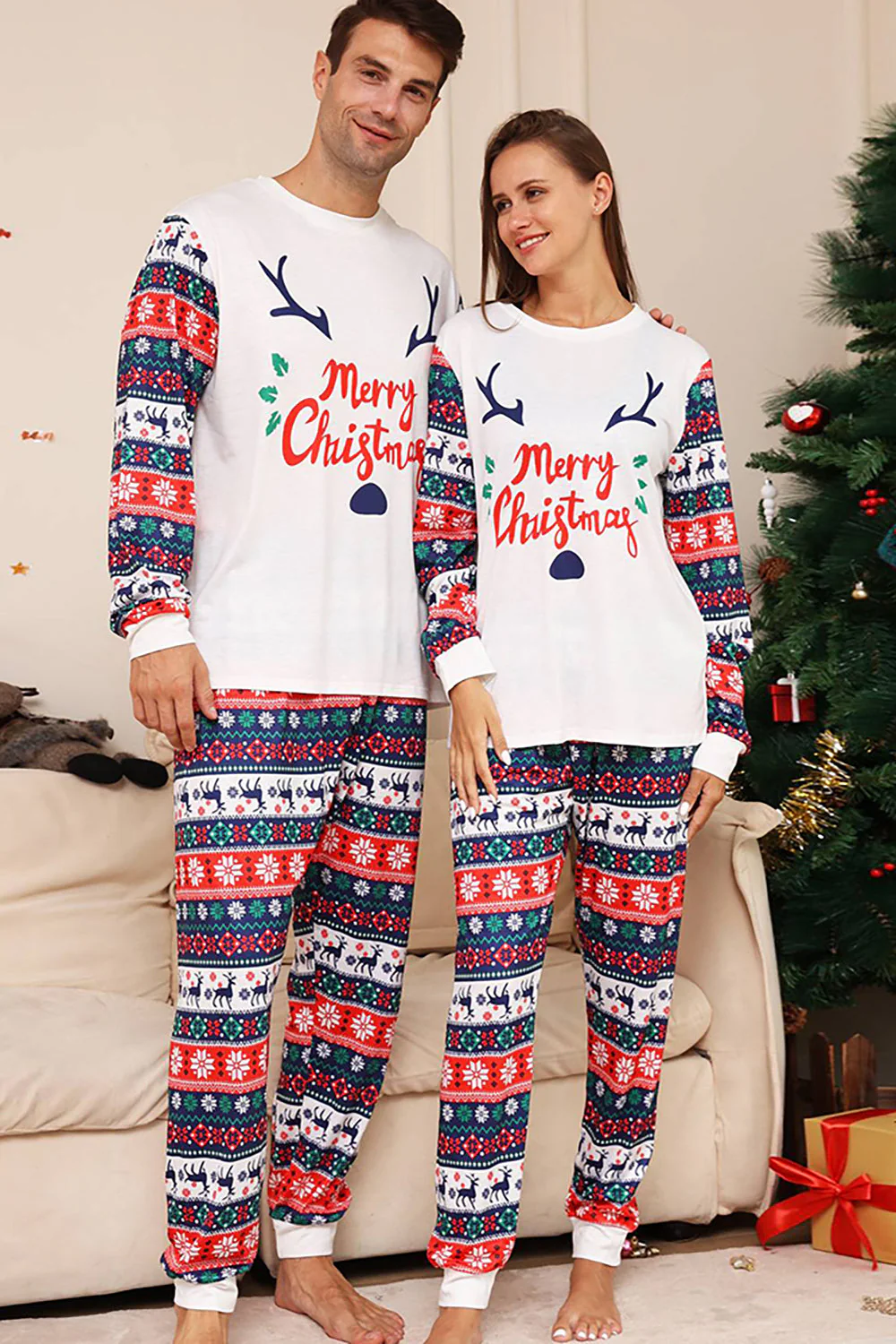 Biało-niebieski jeleń Snowflake Pattern Świąteczny rodzinny zestaw piżam - Image 4