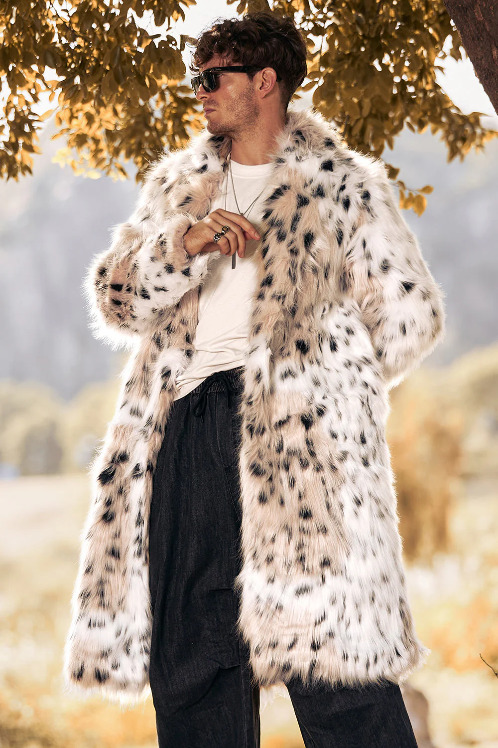 Biały męski płaszcz w panterkę z długim rękawem i długim rękawem z nadrukiem w panterkę - Image 6