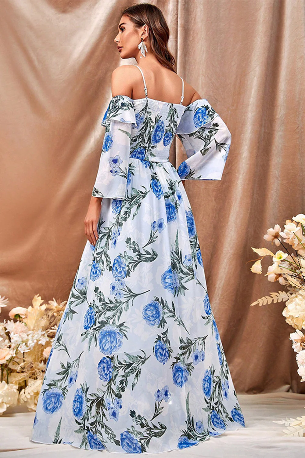 Biały Niebieski Kwiat Boho Długa Sukienka Na Studniówkę Z Marszczonymi Rękawami - Image 2