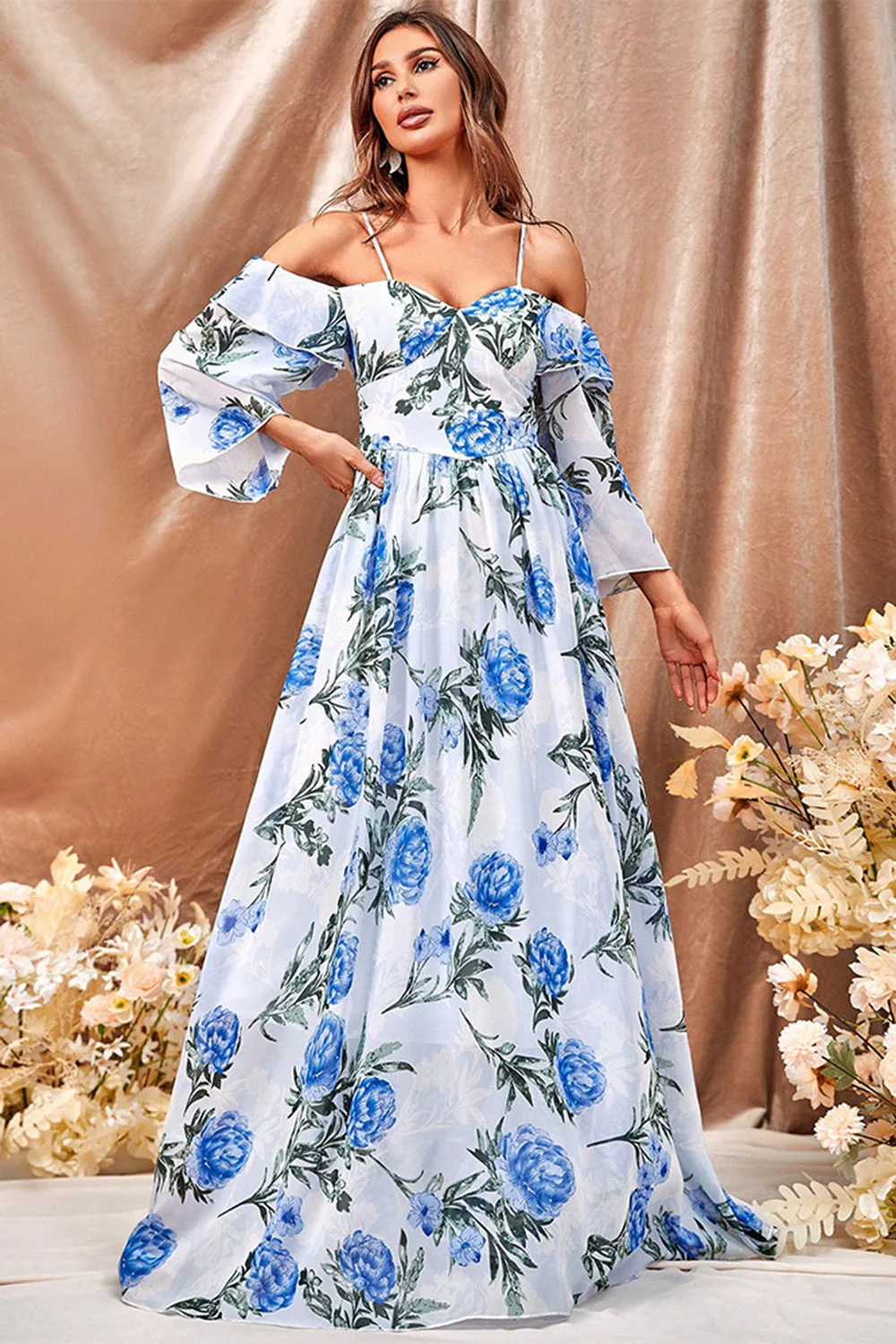 Biały Niebieski Kwiat Boho Długa Sukienka Na Studniówkę Z Marszczonymi Rękawami - Image 4