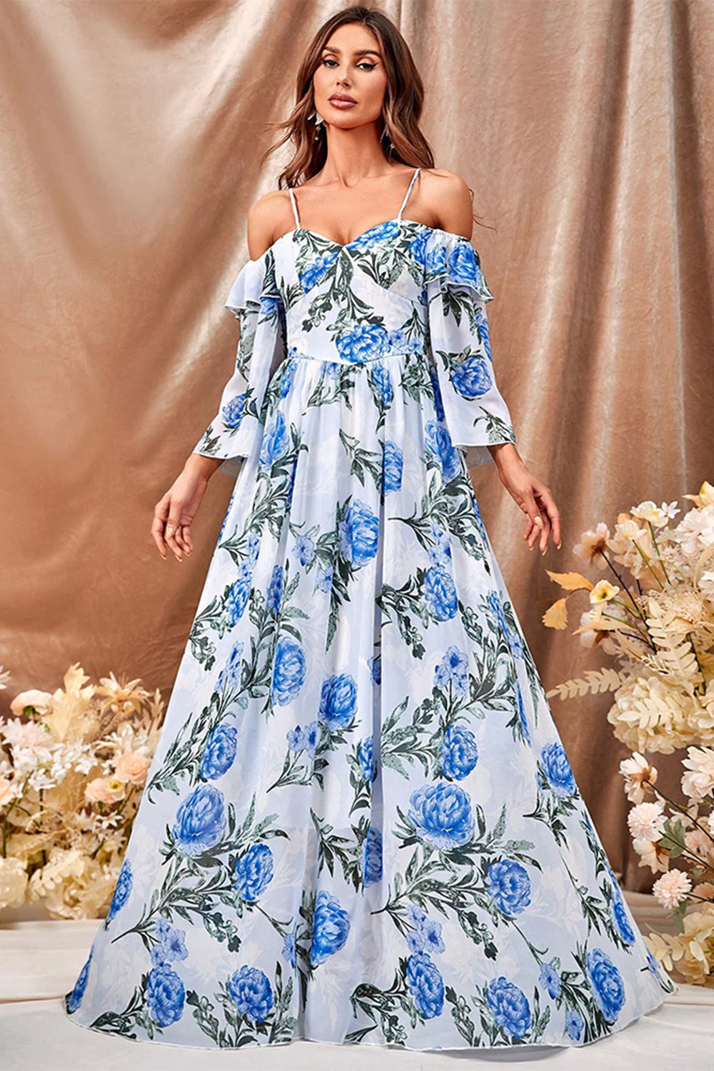 Biały Niebieski Kwiat Boho Długa Sukienka Na Studniówkę Z Marszczonymi Rękawami - Image 5