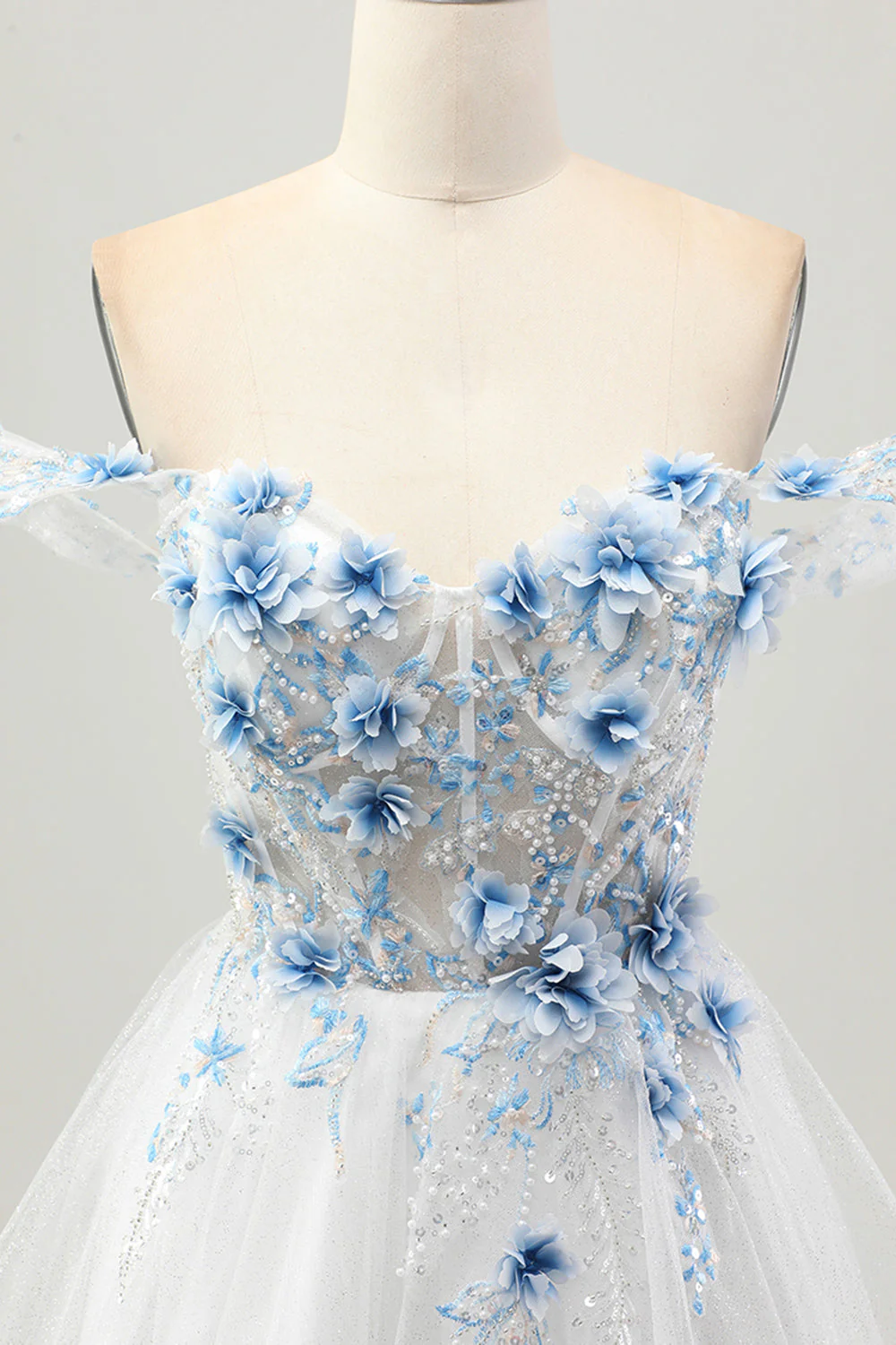 Biały Niebieski Kwiat Linia A Gorset Off The Shoulder Krótka Sukienka Na Powrót Do Domu - Image 4