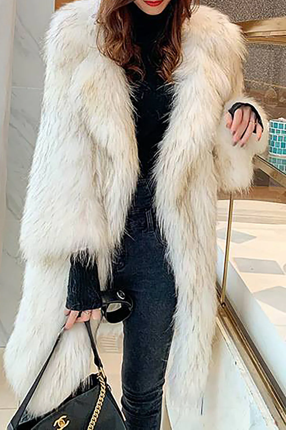 Biały Otwarty Przód Puszysty Długi Shearling Plaszcz Ze Sztucznego Futra - Image 3