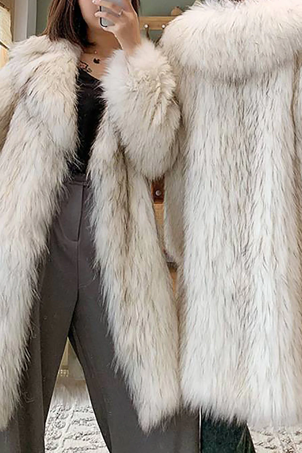 Biały Otwarty Przód Puszysty Długi Shearling Plaszcz Ze Sztucznego Futra - Image 4