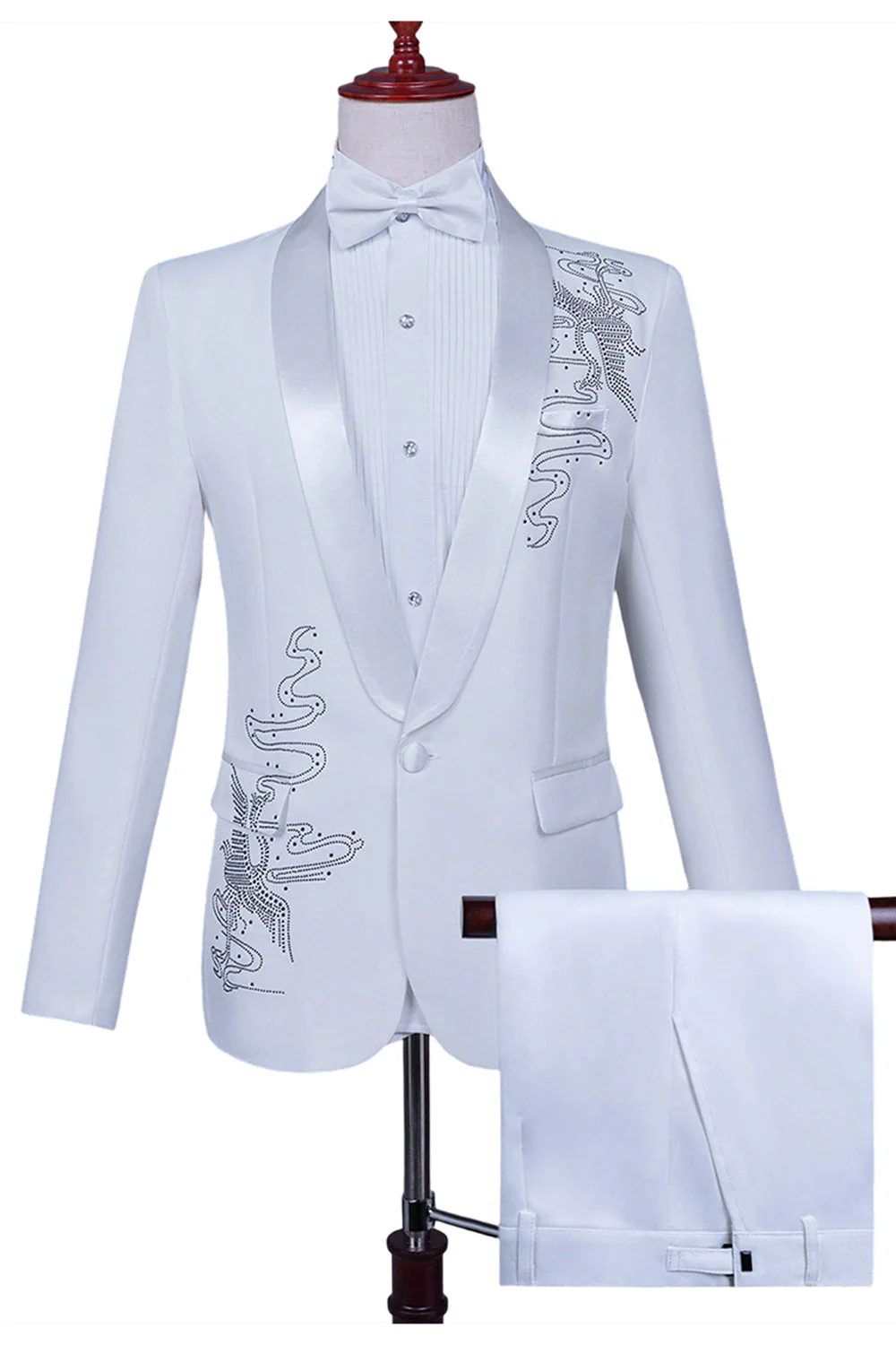 Biały szal klapa Slim Fit 2-częściowy męski garnitur na studniówkę z koralikami - Image 10