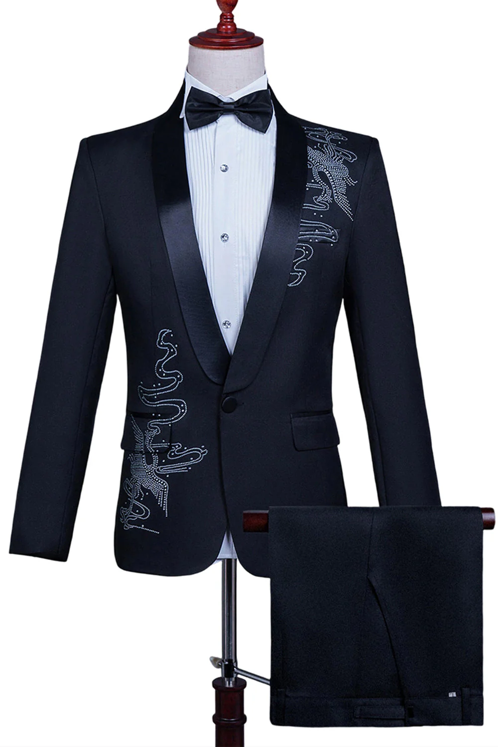 Biały szal klapa Slim Fit 2-częściowy męski garnitur na studniówkę z koralikami - Image 11