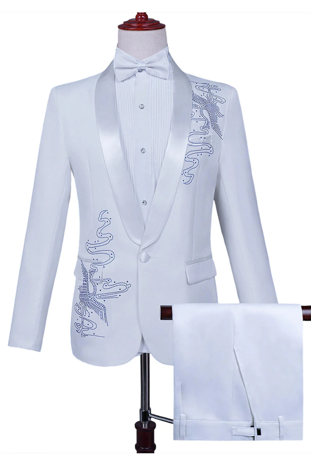 Biały szal klapa Slim Fit 2-częściowy męski garnitur na studniówkę z koralikami - Image 12