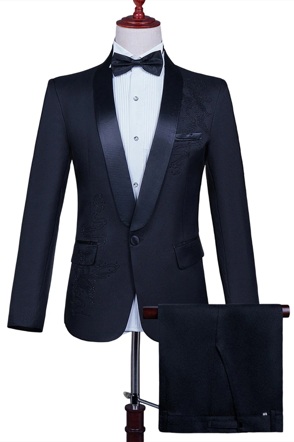 Biały szal klapa Slim Fit 2-częściowy męski garnitur na studniówkę z koralikami - Image 4