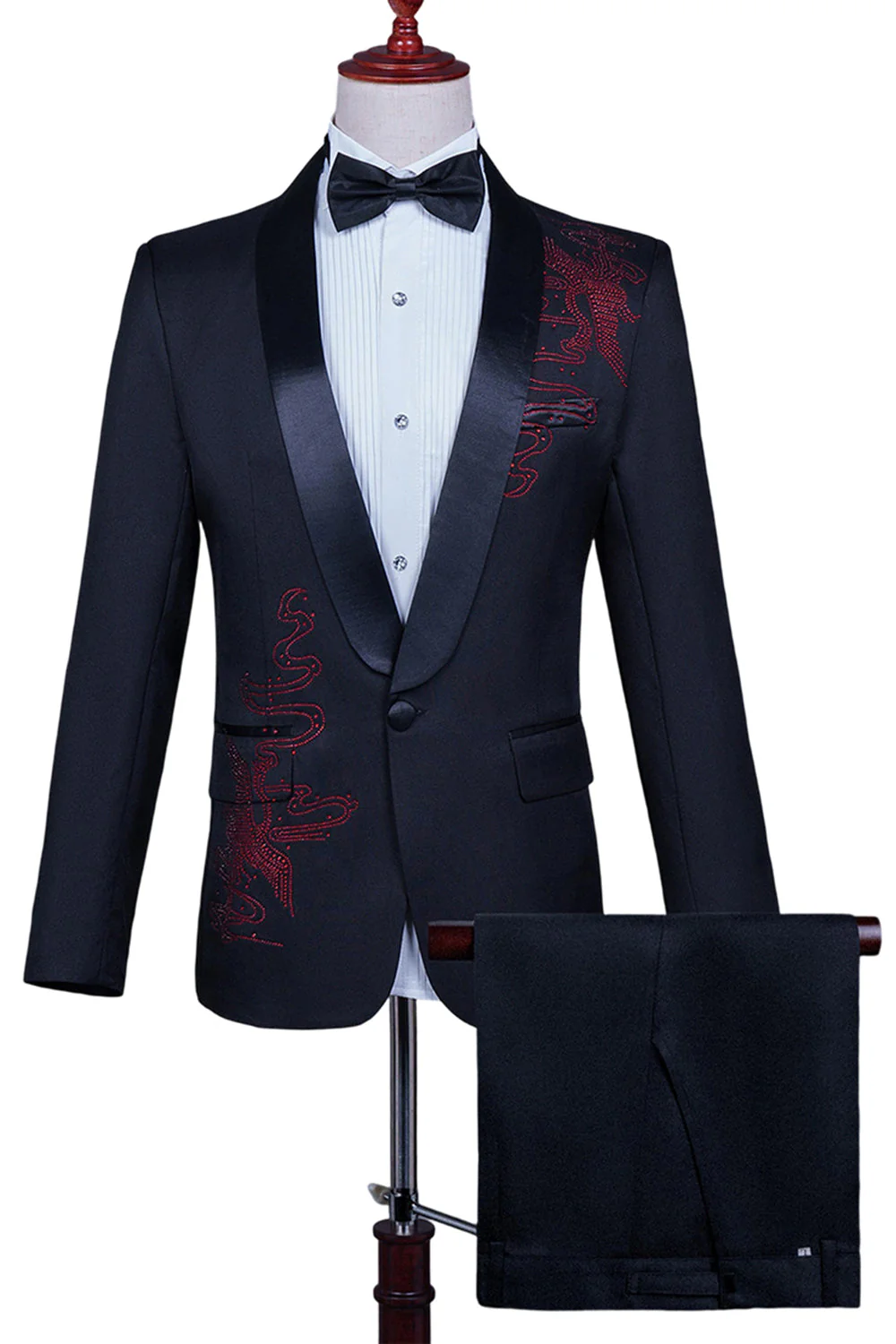 Biały szal klapa Slim Fit 2-częściowy męski garnitur na studniówkę z koralikami - Image 5