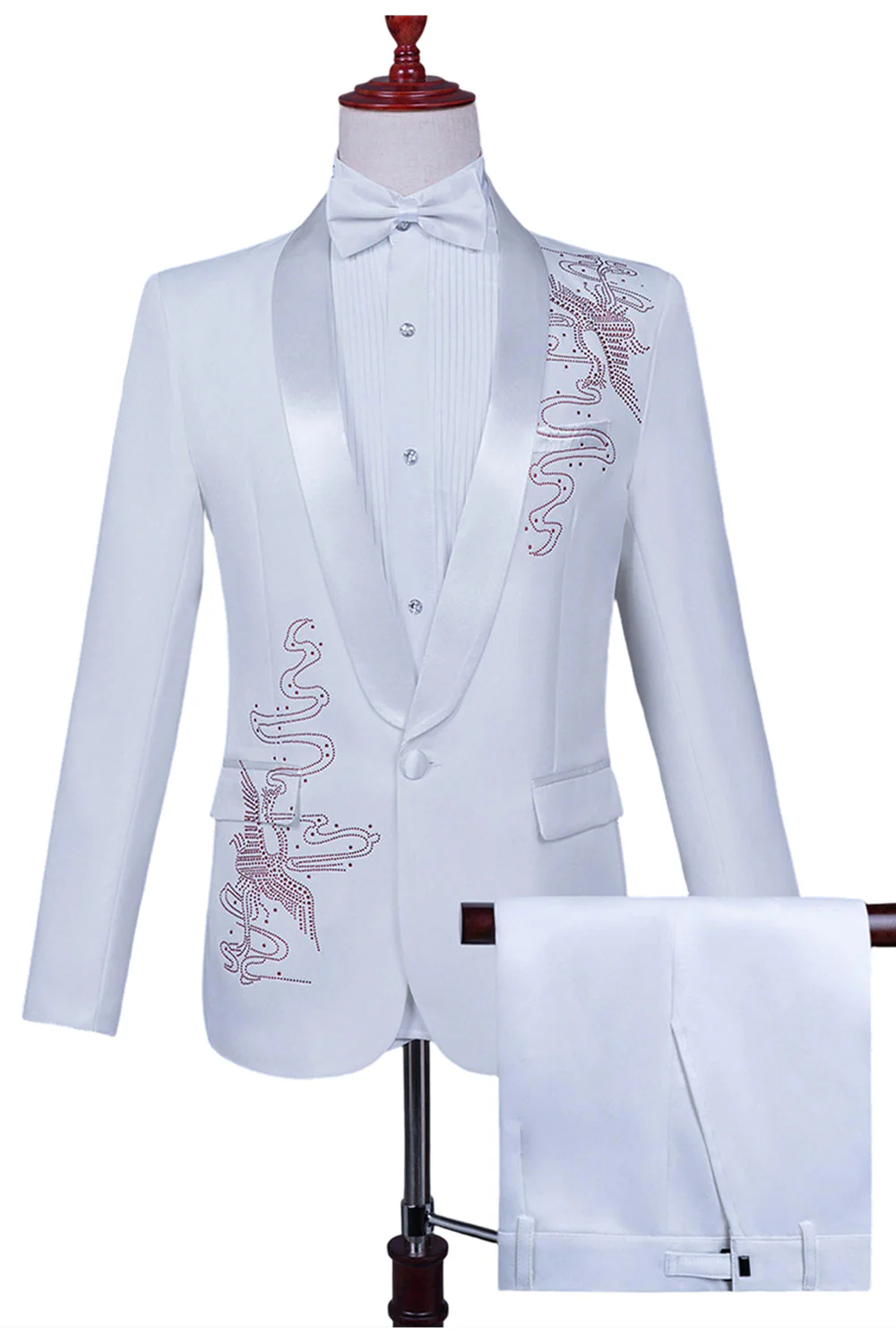 Biały szal klapa Slim Fit 2-częściowy męski garnitur na studniówkę z koralikami - Image 6
