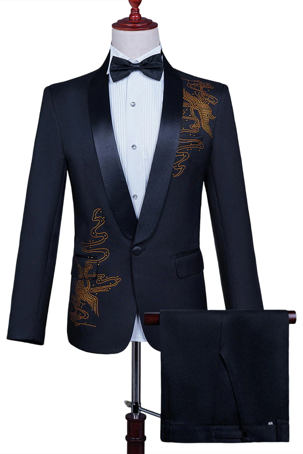 Biały szal klapa Slim Fit 2-częściowy męski garnitur na studniówkę z koralikami - Image 7