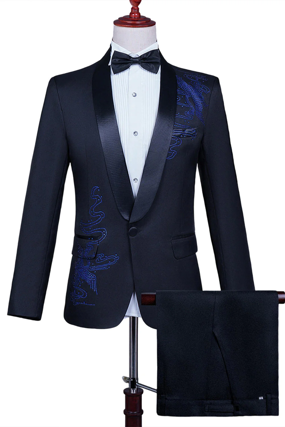 Biały szal klapa Slim Fit 2-częściowy męski garnitur na studniówkę z koralikami - Image 8