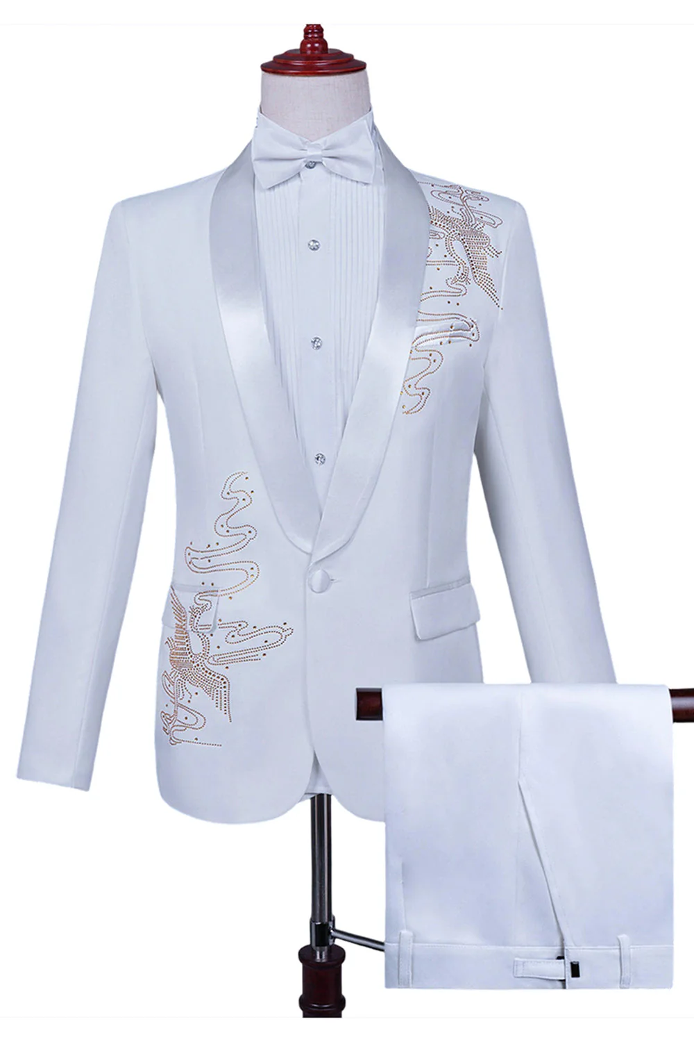 Biały szal klapa Slim Fit 2-częściowy męski garnitur na studniówkę z koralikami - Image 9