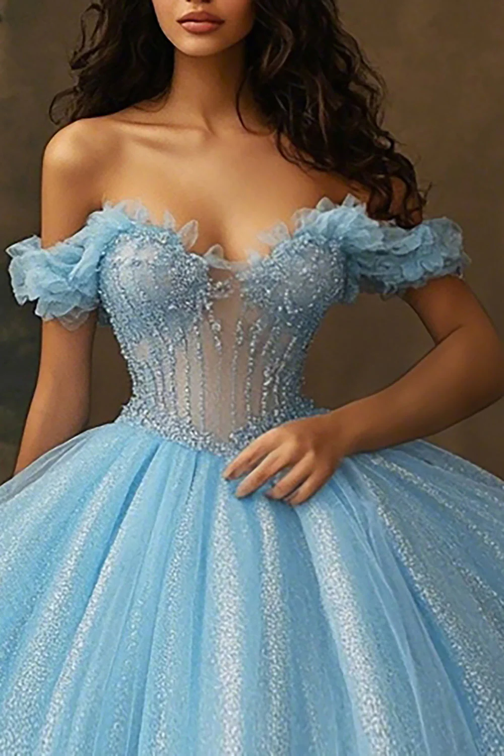 Błękitna Brokatowa Gorset Suknia Balowa Długa Księżniczka Quinceanera Sukienka Z Falbankami - Image 2