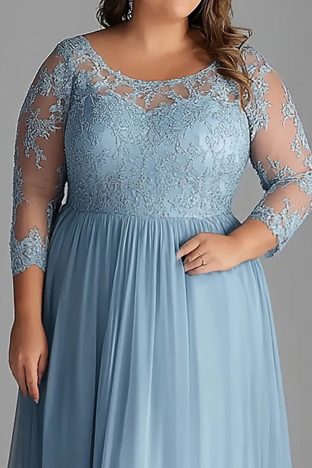 Błękitna koronkowa sukienka z długim rękawem A Line Plus Size Matka Panny Młodej - Image 2