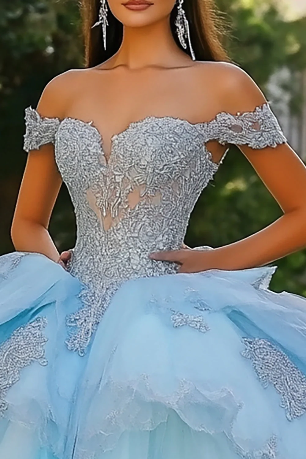 Błękitna księżniczka z odkrycia ramion tiulowa sukienka quinceanera z aplikacjami - Image 2