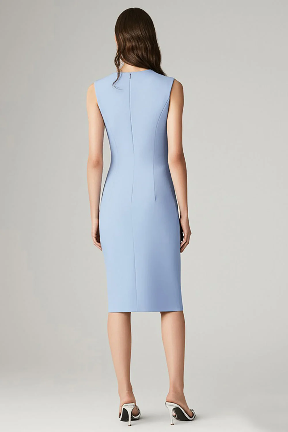 Błękitna sukienka robocza bodycon midi z dekoltem w szpic - Image 2