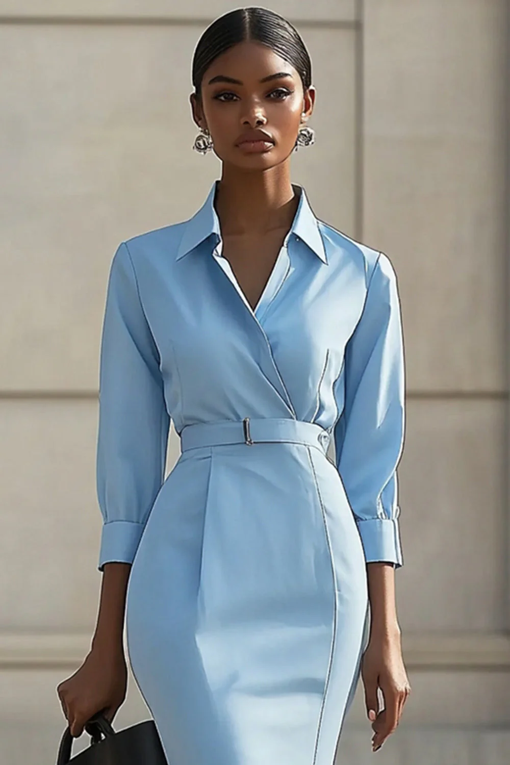 Błękitna sukienka robocza Bodycon Midi z paskami - Image 2