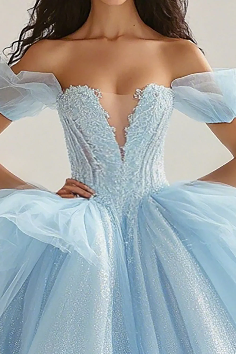 Błękitna suknia balowa księżniczka brokatowa długa tiulowa sukienka quinceanera z falbankami - Image 2