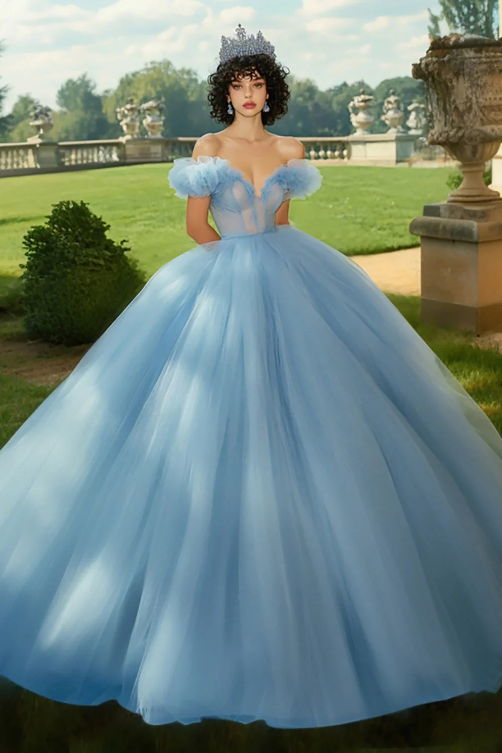 Błękitna suknia balowa księżniczka tiulowa długa sukienka quinceanera z falbankami