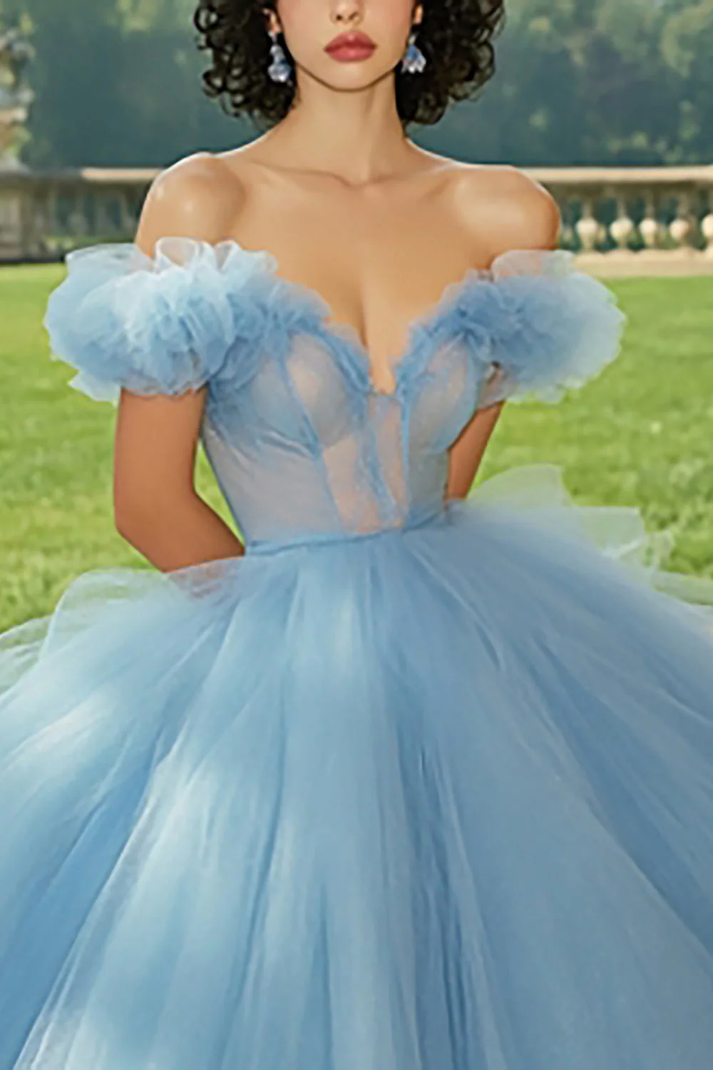 Błękitna suknia balowa księżniczka tiulowa długa sukienka quinceanera z falbankami - Image 2