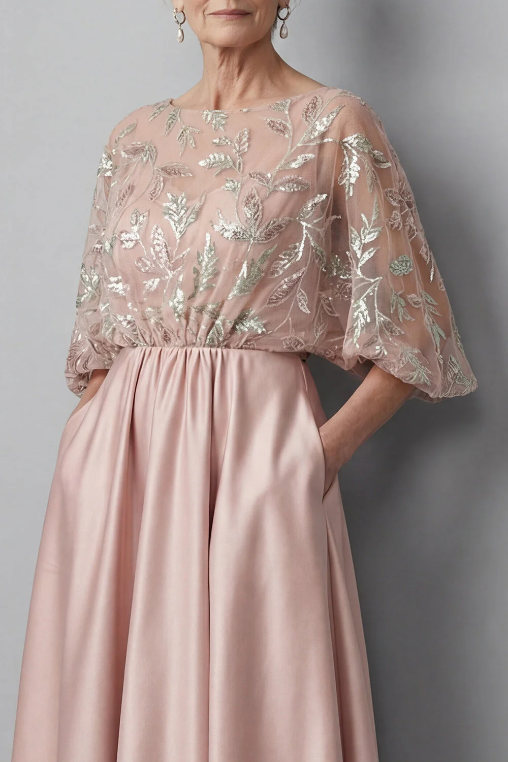 Blush 3/4 rękawów aplikowane A line Sukienka matki panny młodej - Image 3