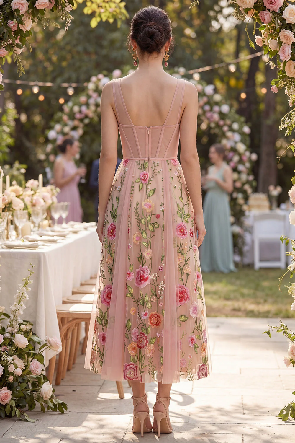 Blush A-Line Embroidered Tulle V-Neck Corset Floral Midi Dress - Image 2