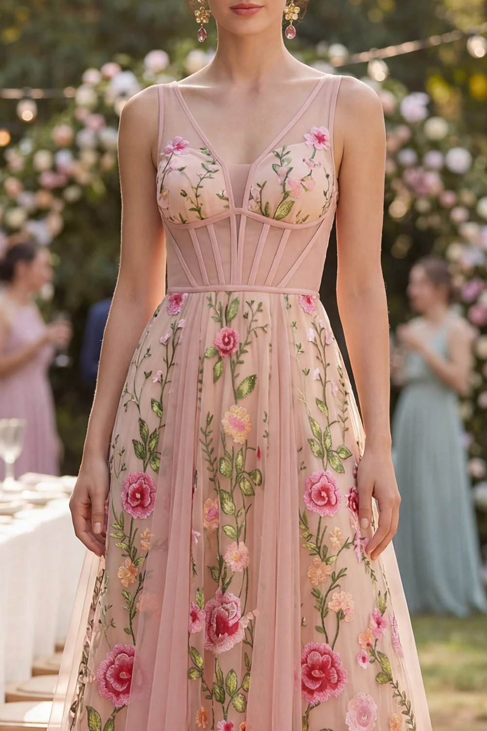 Blush A-Line Embroidered Tulle V-Neck Corset Floral Midi Dress - Image 3