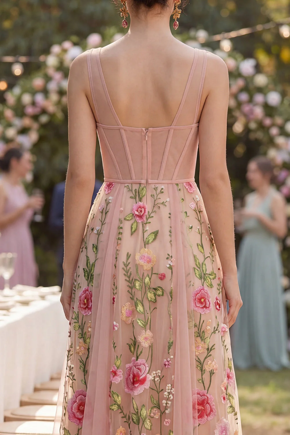 Blush A-Line Embroidered Tulle V-Neck Corset Floral Midi Dress - Image 4