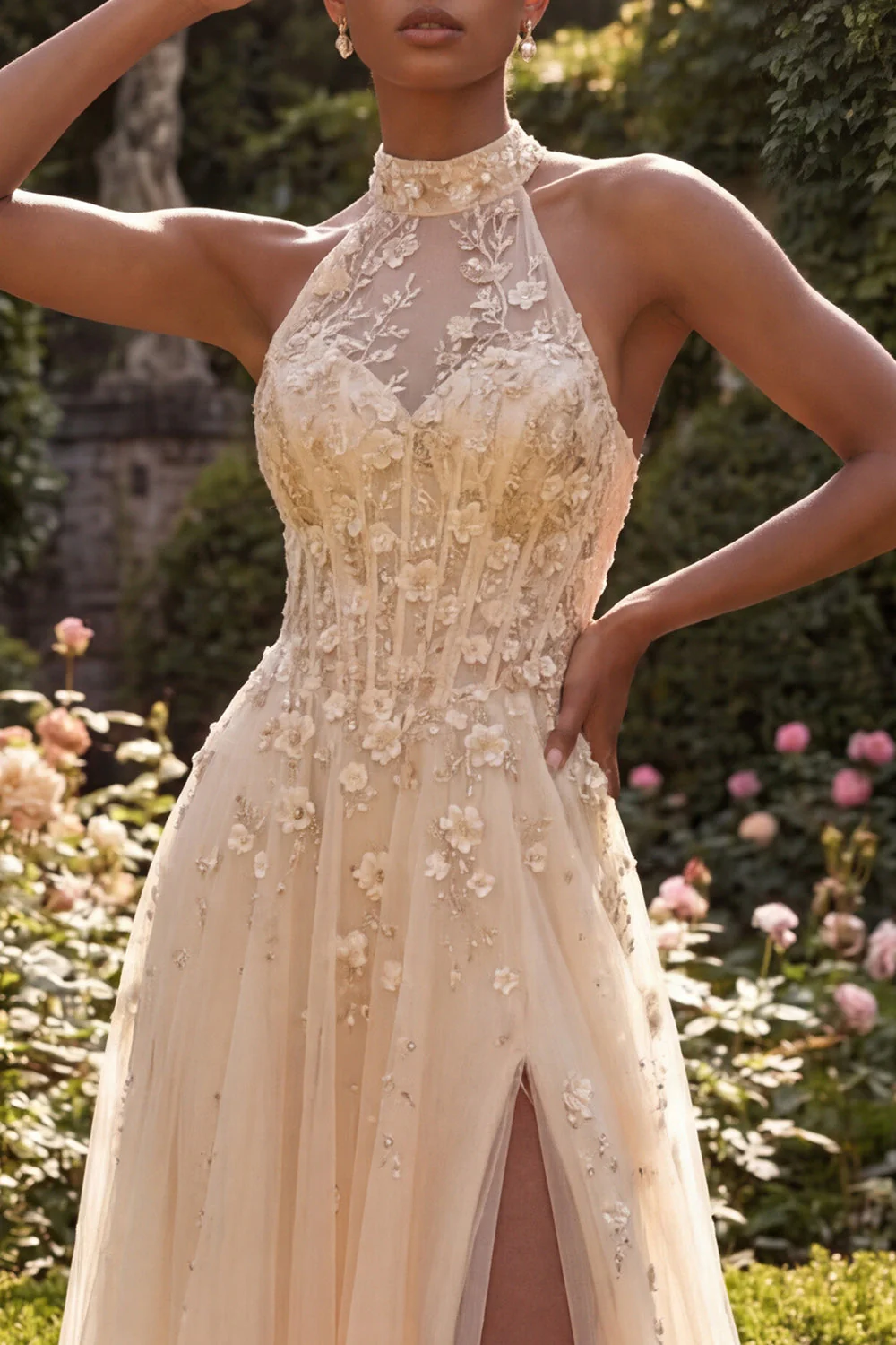 Blush A Line Gorset 3D Flowers Tiul długa sukienka balowa z rozcięciem - Image 3