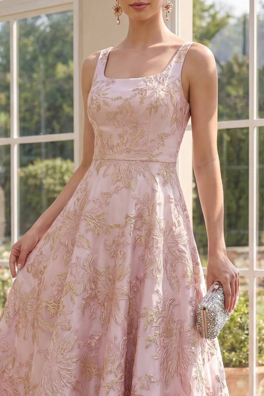 Blush A-line i kwadratowy dekolt w żakardowym maxi w kwiaty - Image 3