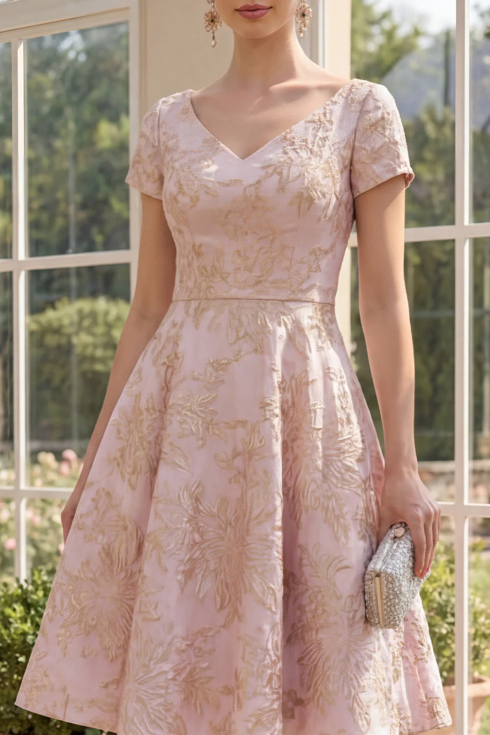 Blush A Line Kwiatowa sukienka Jacquard midi z dekoltem w serek i krótkimi rękawami - Image 3
