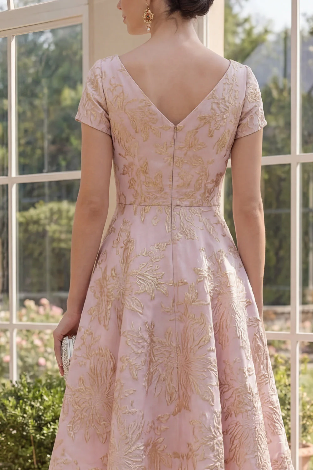 Blush A Line Kwiatowa sukienka Jacquard midi z dekoltem w serek i krótkimi rękawami - Image 4