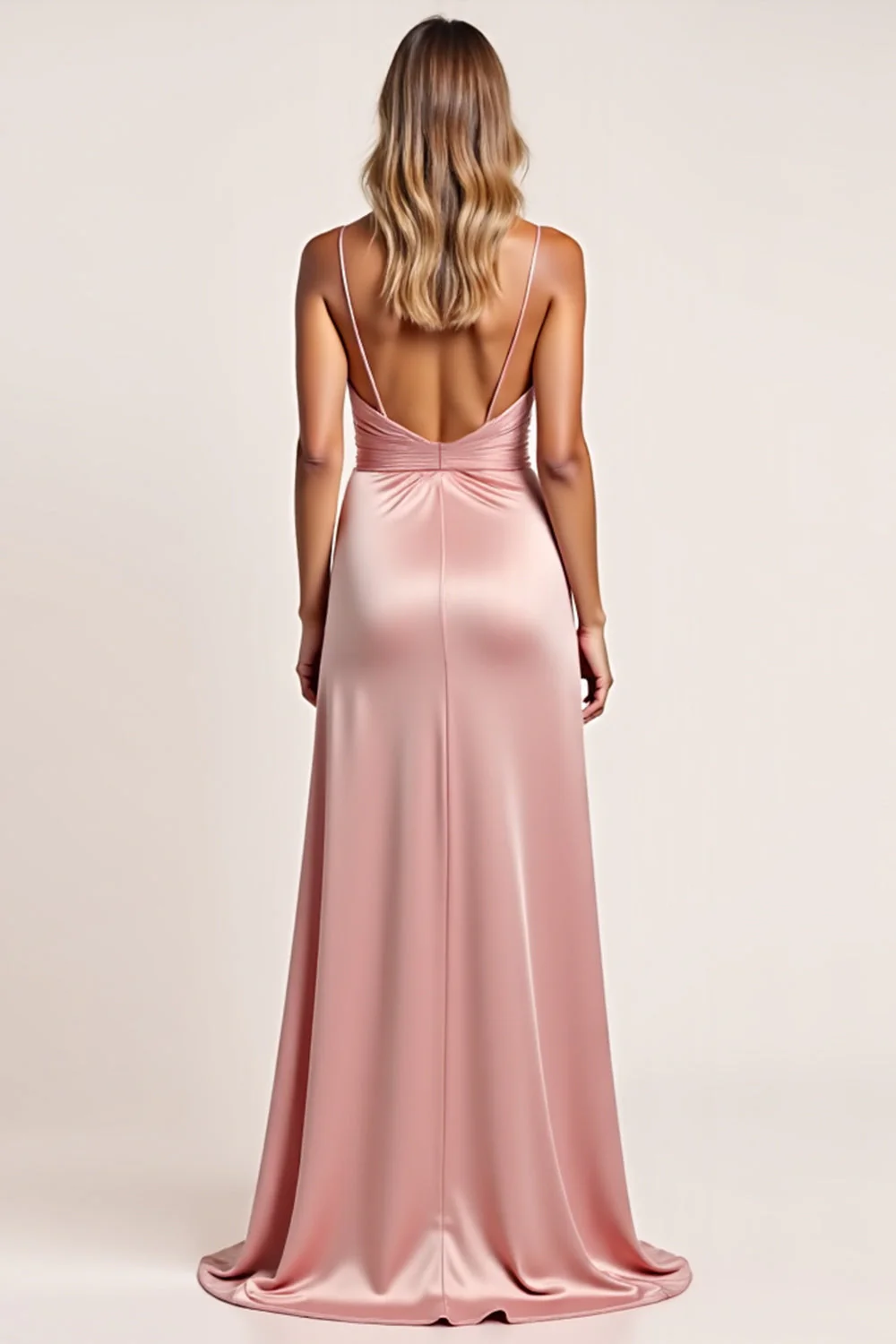 Blush A Line Spaghetti Ramiączka Ruched Długa Sukienka Druhny z Rozcięciem - Image 2