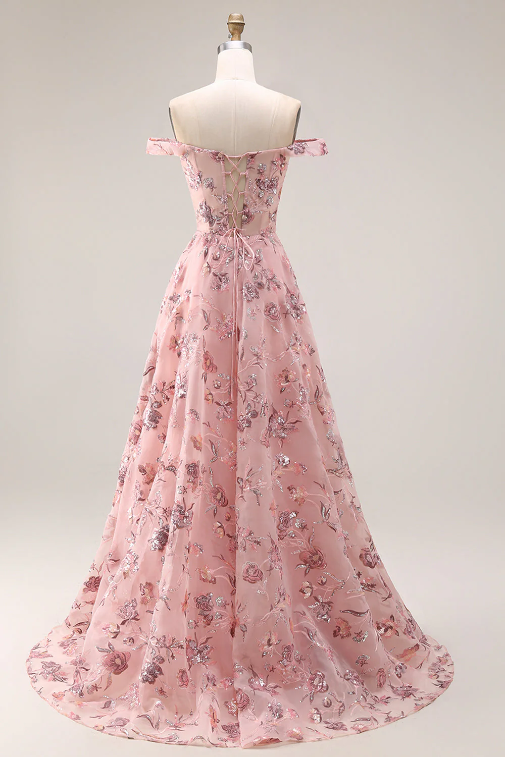 Blush Flower Off the Shoulder A Line Długa sukienka na studniówkę z rozcięciem - Image 2