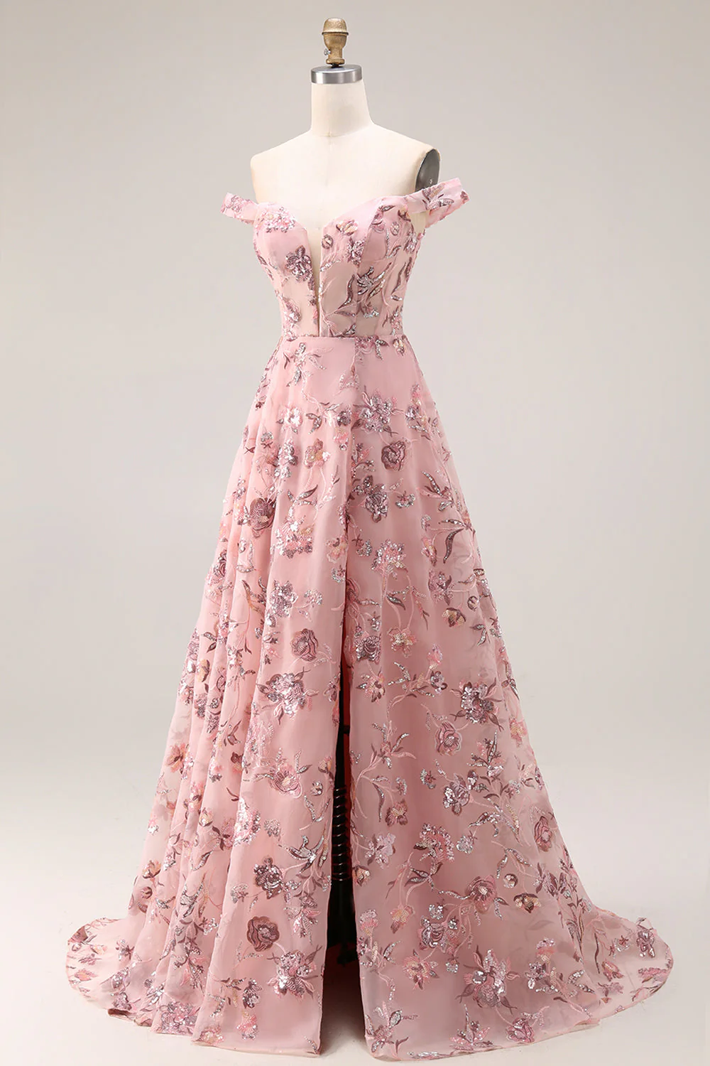 Blush Flower Off the Shoulder A Line Długa sukienka na studniówkę z rozcięciem - Image 3