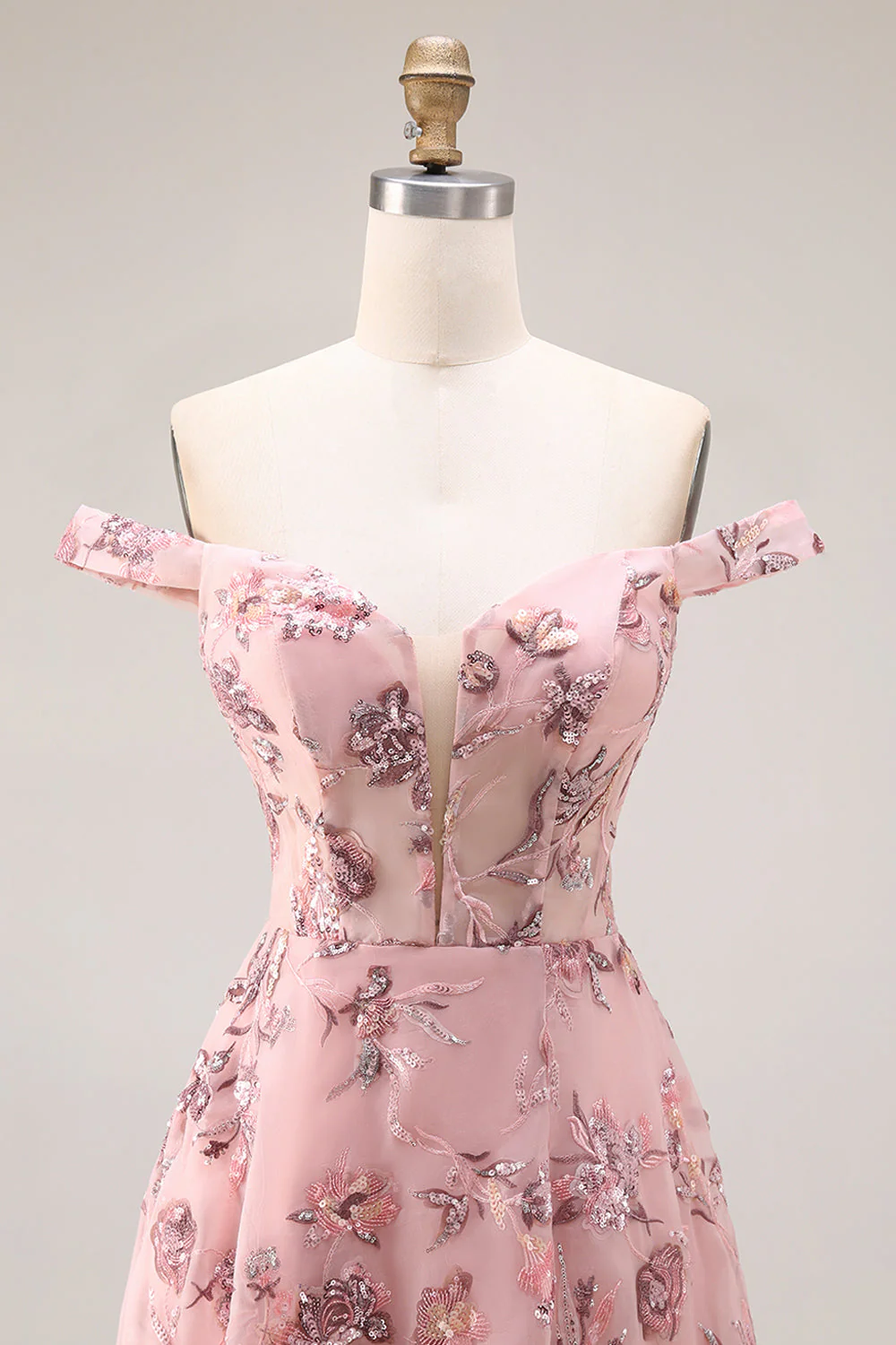 Blush Flower Off the Shoulder A Line Długa sukienka na studniówkę z rozcięciem - Image 4