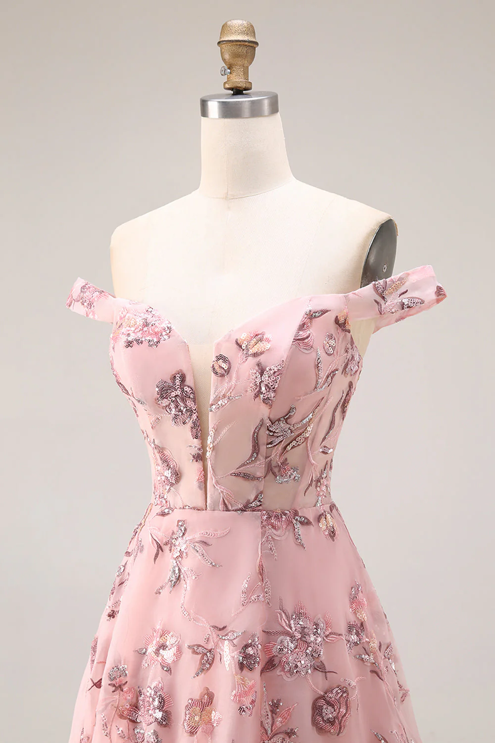 Blush Flower Off the Shoulder A Line Długa sukienka na studniówkę z rozcięciem - Image 5