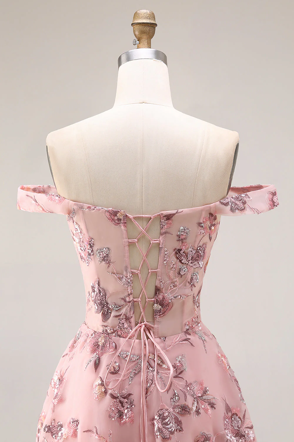 Blush Flower Off the Shoulder A Line Długa sukienka na studniówkę z rozcięciem - Image 6