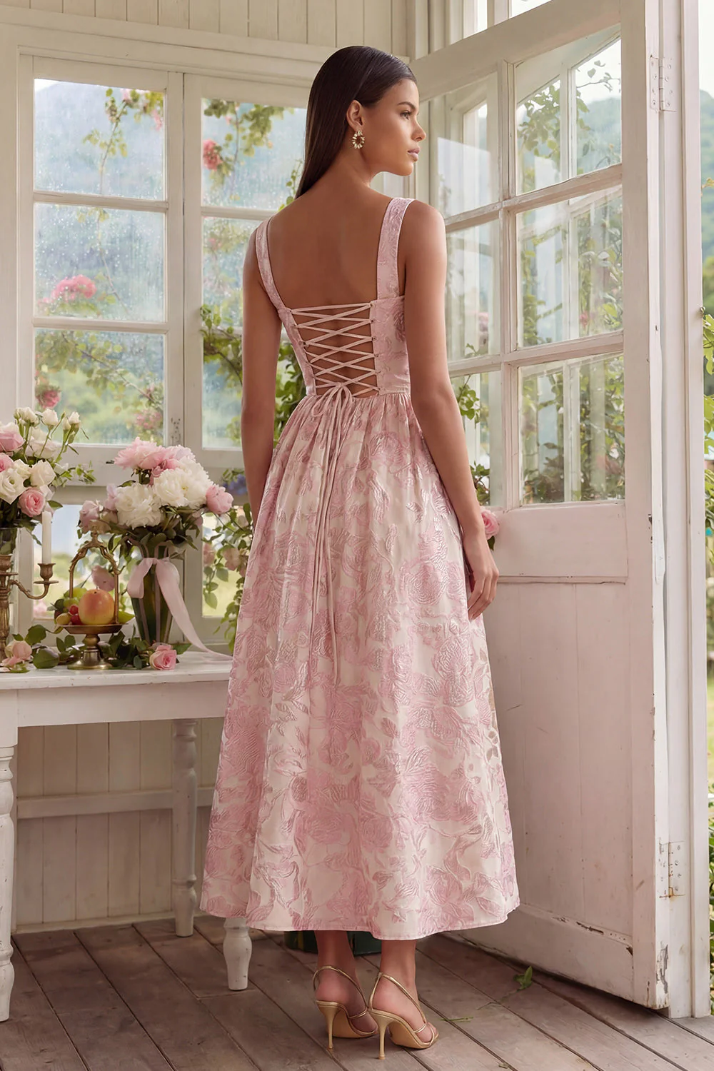 Blush Jacquard A Line Square Neck Midi sukienka z koronką na plecach - Image 2