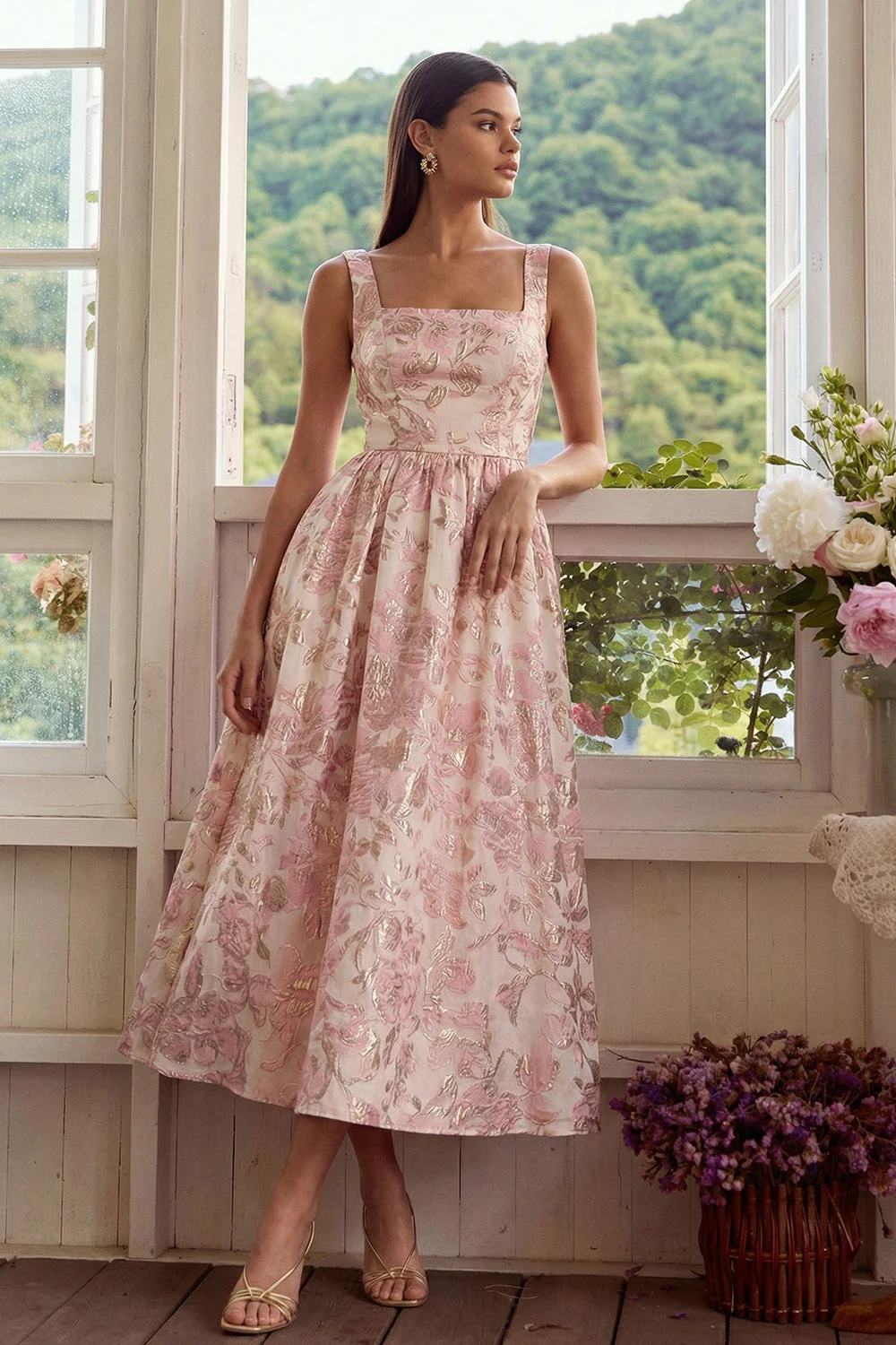 Blush Jacquard A Line Square Neck Midi sukienka z koronką na plecach - Image 3