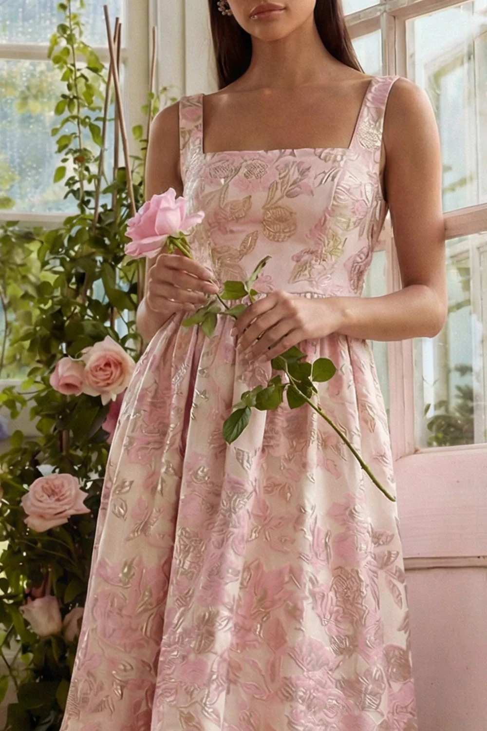 Blush Jacquard A Line Square Neck Midi sukienka z koronką na plecach - Image 4