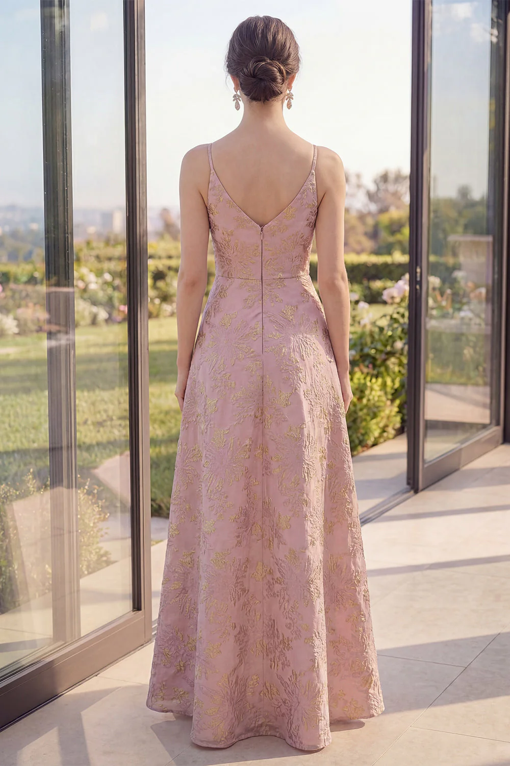 Blush Jacquard Neck A Line Maxi Floral Dress z rozcięciem - Image 2