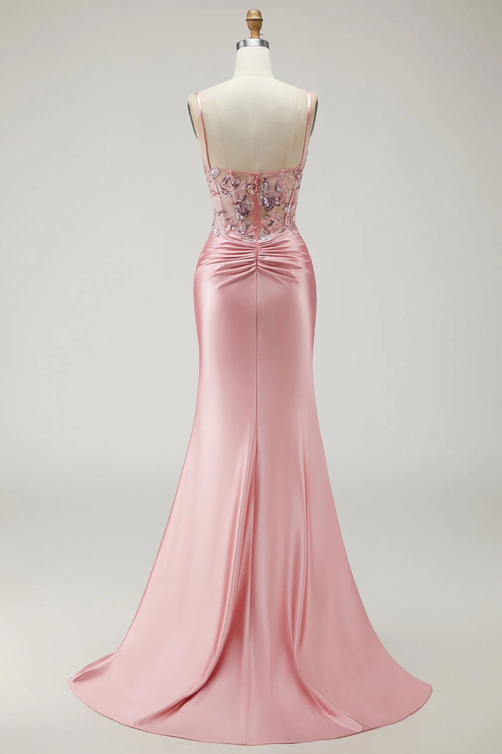 Blush Mermaid Spaghetti Straps, satynowy przezroczysty gorset, cekinowy długi bal sukienka z rozcięciem - Image 2