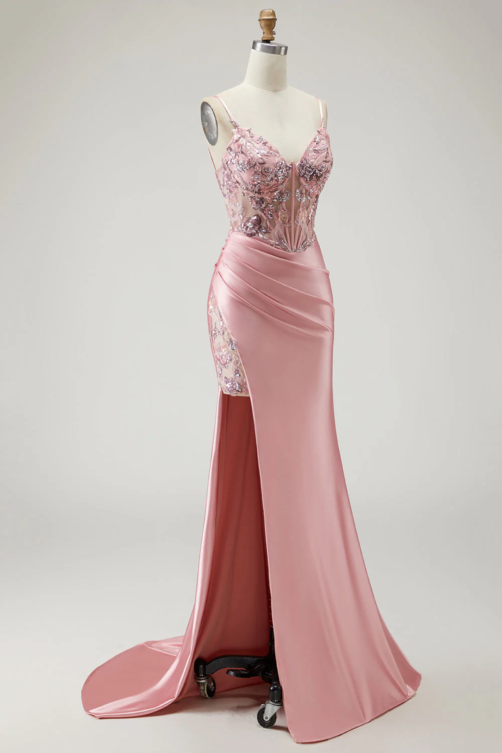 Blush Mermaid Spaghetti Straps, satynowy przezroczysty gorset, cekinowy długi bal sukienka z rozcięciem - Image 3